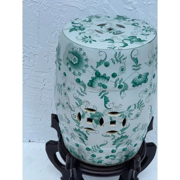 Vintage Antique Chinese Green White Porcelain Floral Garden Stool Plant Stand - Picture 4 of 15